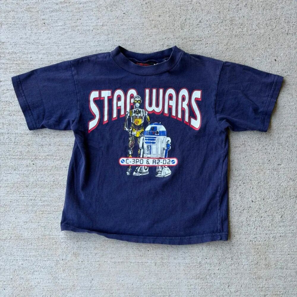 Vintage Star Wars C-3PO & R2-D2 Droid Graphic T Shirt Navy Blue Youth Size 5